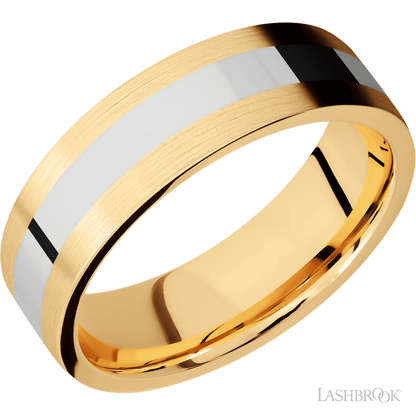 7 mm wide/Flat/14K Yellow Gold band with one 3 mm Centered inlay of 14K White Gold.