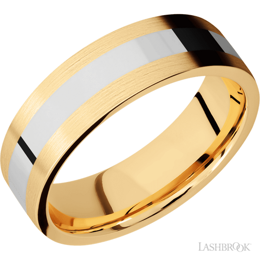 7 mm wide/Flat/14K Yellow Gold band with one 3 mm Centered inlay of 14K White Gold.