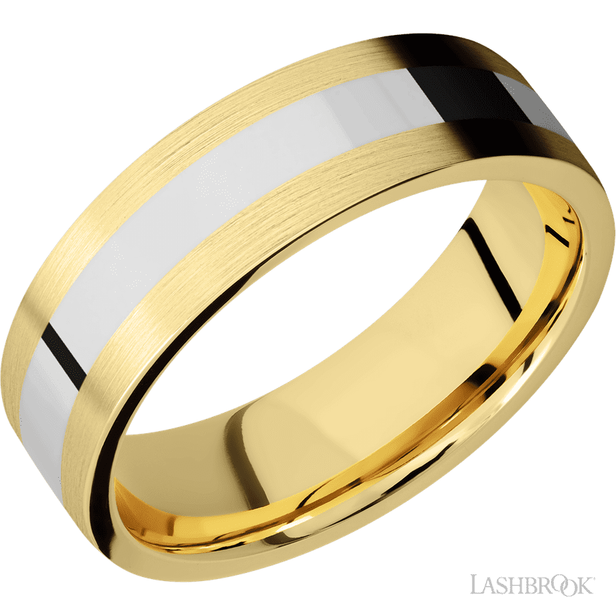 7 mm wide/Flat/14K Yellow Gold band with one 3 mm Centered inlay of 14K White Gold.