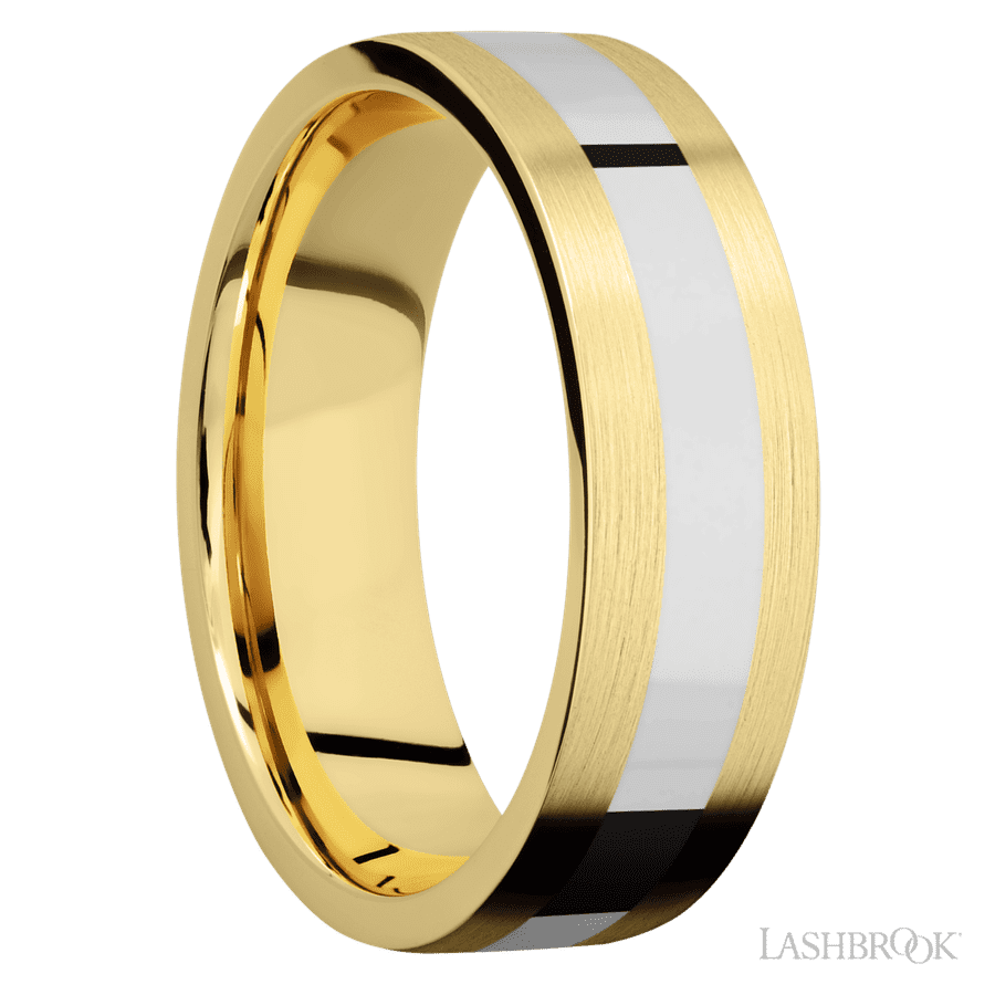 7 mm wide/Flat/14K Yellow Gold band with one 3 mm Centered inlay of 14K White Gold.