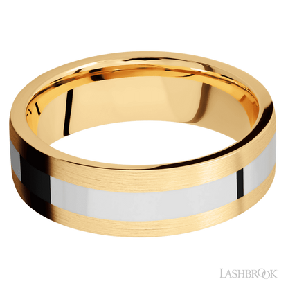7 mm wide/Flat/14K Yellow Gold band with one 3 mm Centered inlay of 14K White Gold.