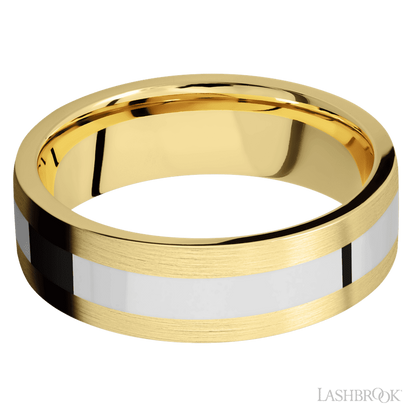 7 mm wide/Flat/14K Yellow Gold band with one 3 mm Centered inlay of 14K White Gold.
