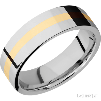 7 mm wide/Flat/14K White Gold band with one 2 mm Centered inlay of 14K Yellow Gold.