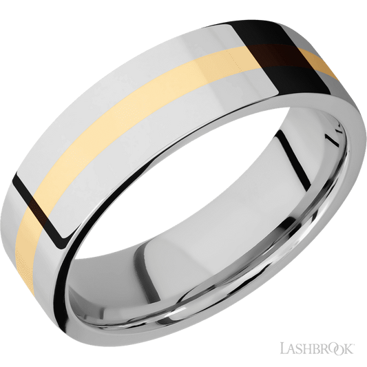 7 mm wide/Flat/14K White Gold band with one 2 mm Centered inlay of 14K Yellow Gold.