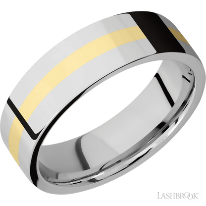7 mm wide/Flat/14K White Gold band with one 2 mm Centered inlay of 14K Yellow Gold.