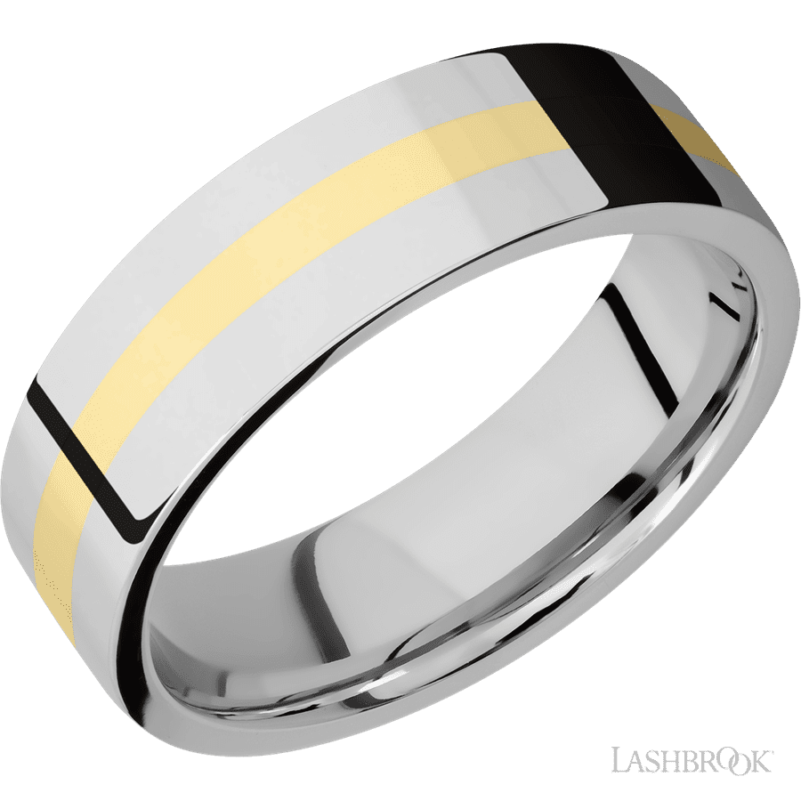 7 mm wide/Flat/14K White Gold band with one 2 mm Centered inlay of 14K Yellow Gold.