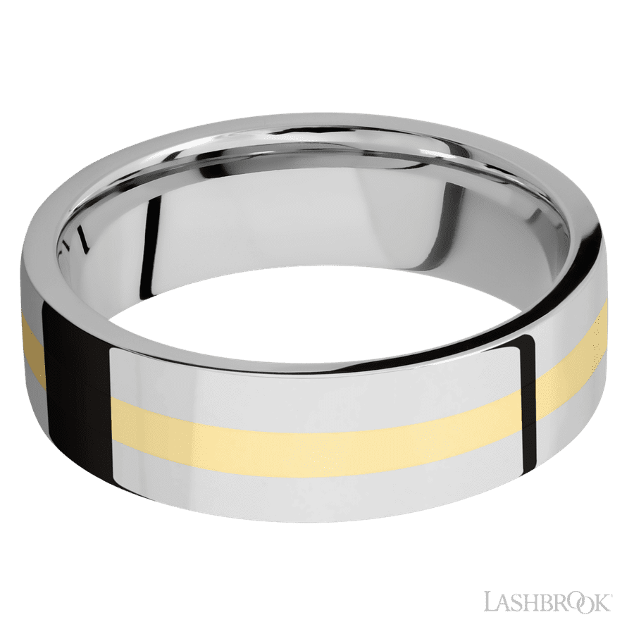 7 mm wide/Flat/14K White Gold band with one 2 mm Centered inlay of 14K Yellow Gold.