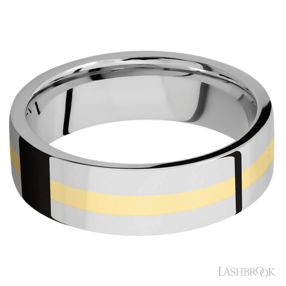 7 mm wide/Flat/14K White Gold band with one 2 mm Centered inlay of 14K Yellow Gold.
