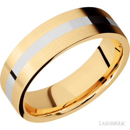 7 mm wide/Flat/14K Yellow Gold band with one 2 mm Centered inlay of 14K White Gold.