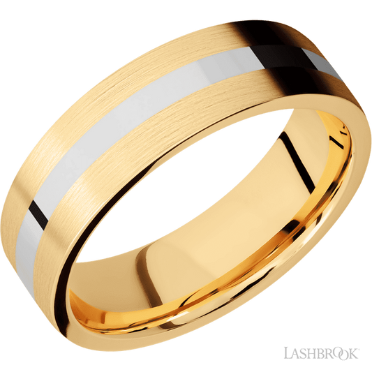 7 mm wide/Flat/14K Yellow Gold band with one 2 mm Centered inlay of 14K White Gold.