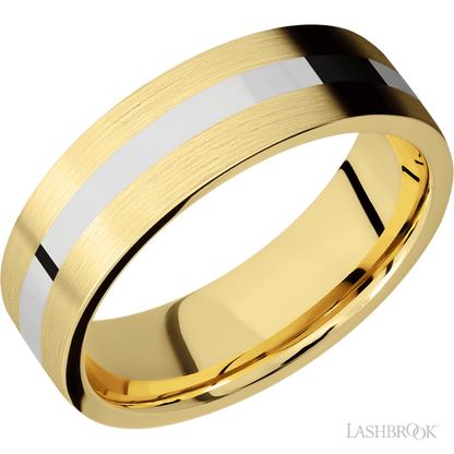 7 mm wide/Flat/14K Yellow Gold band with one 2 mm Centered inlay of 14K White Gold.