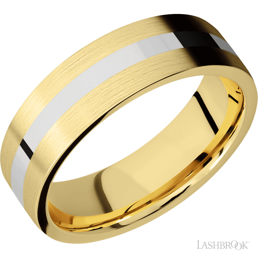7 mm wide/Flat/14K Yellow Gold band with one 2 mm Centered inlay of 14K White Gold.