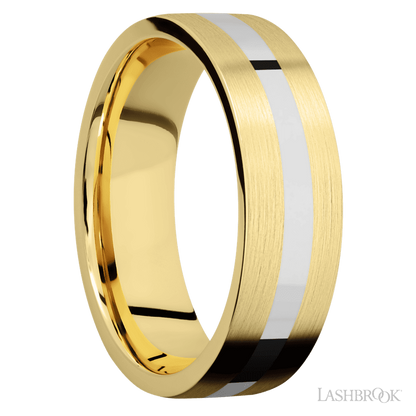 7 mm wide/Flat/14K Yellow Gold band with one 2 mm Centered inlay of 14K White Gold.