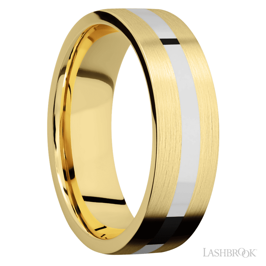 7 mm wide/Flat/14K Yellow Gold band with one 2 mm Centered inlay of 14K White Gold.