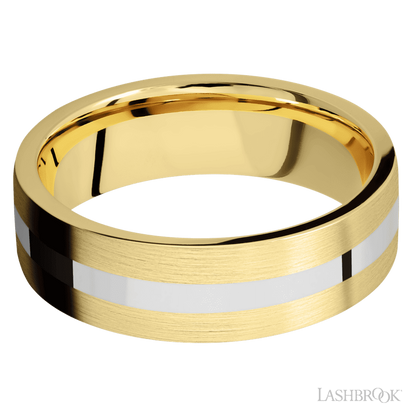 7 mm wide/Flat/14K Yellow Gold band with one 2 mm Centered inlay of 14K White Gold.