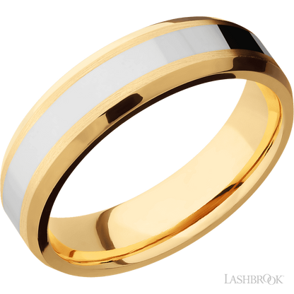 6 mm wide/Beveled/14K Yellow Gold band with one 3 mm Centered inlay of 14K White Gold.