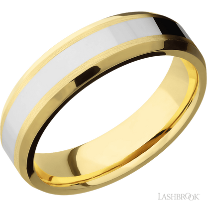 6 mm wide/Beveled/14K Yellow Gold band with one 3 mm Centered inlay of 14K White Gold.