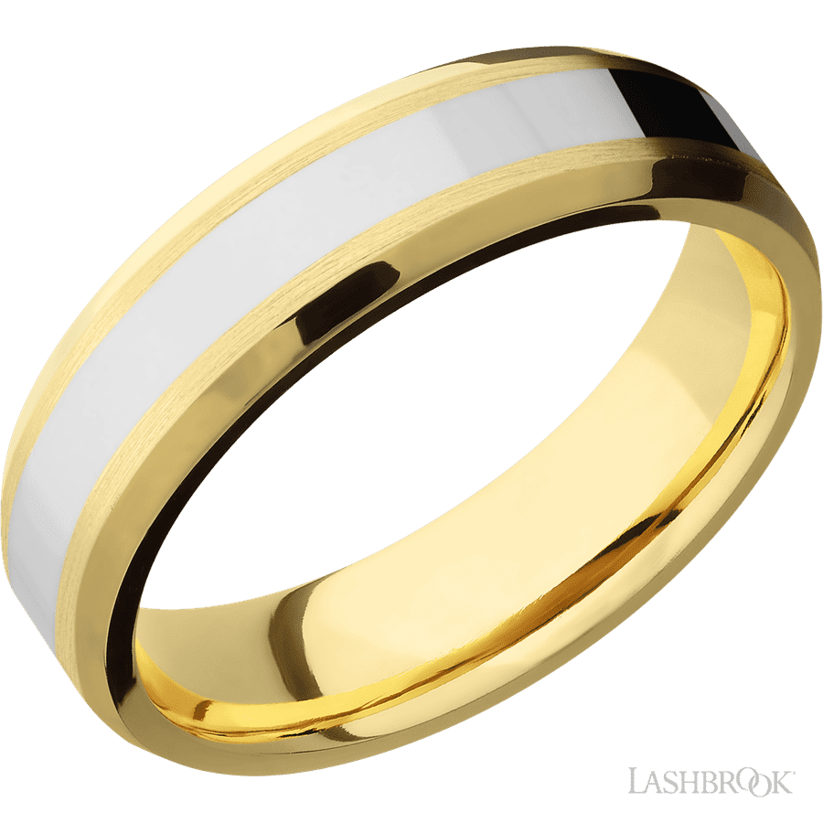 6 mm wide/Beveled/14K Yellow Gold band with one 3 mm Centered inlay of 14K White Gold.