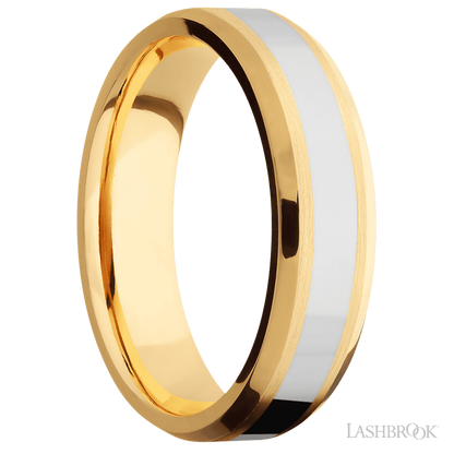 6 mm wide/Beveled/14K Yellow Gold band with one 3 mm Centered inlay of 14K White Gold.
