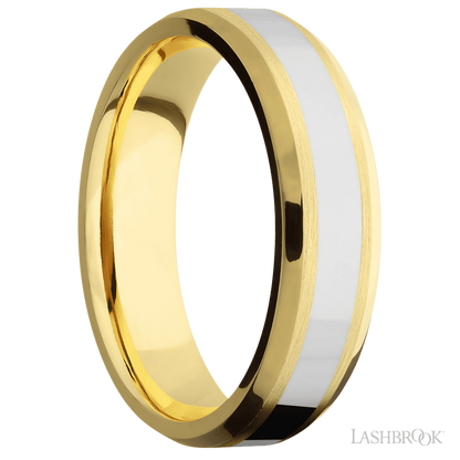 6 mm wide/Beveled/14K Yellow Gold band with one 3 mm Centered inlay of 14K White Gold.