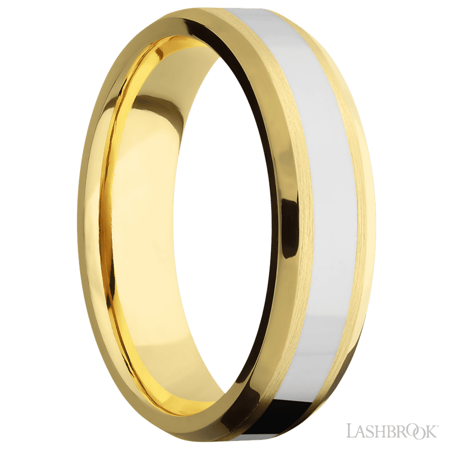 6 mm wide/Beveled/14K Yellow Gold band with one 3 mm Centered inlay of 14K White Gold.
