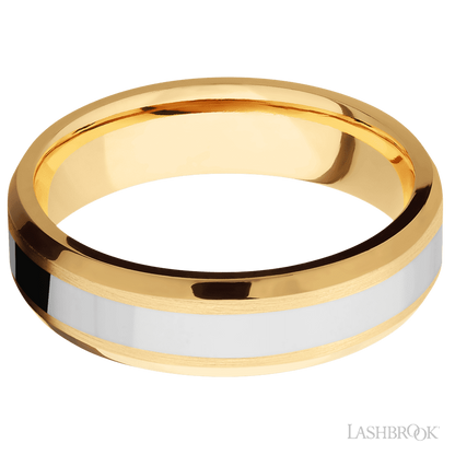 6 mm wide/Beveled/14K Yellow Gold band with one 3 mm Centered inlay of 14K White Gold.