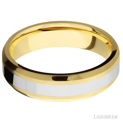 6 mm wide/Beveled/14K Yellow Gold band with one 3 mm Centered inlay of 14K White Gold.
