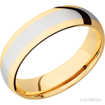 6 mm wide/Domed/14K Yellow Gold band with one 3 mm Centered inlay of 14K White Gold.