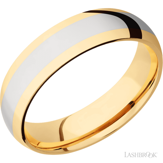 6 mm wide/Domed/14K Yellow Gold band with one 3 mm Centered inlay of 14K White Gold.