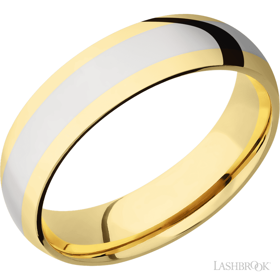 6 mm wide/Domed/14K Yellow Gold band with one 3 mm Centered inlay of 14K White Gold.