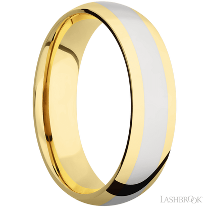6 mm wide/Domed/14K Yellow Gold band with one 3 mm Centered inlay of 14K White Gold.