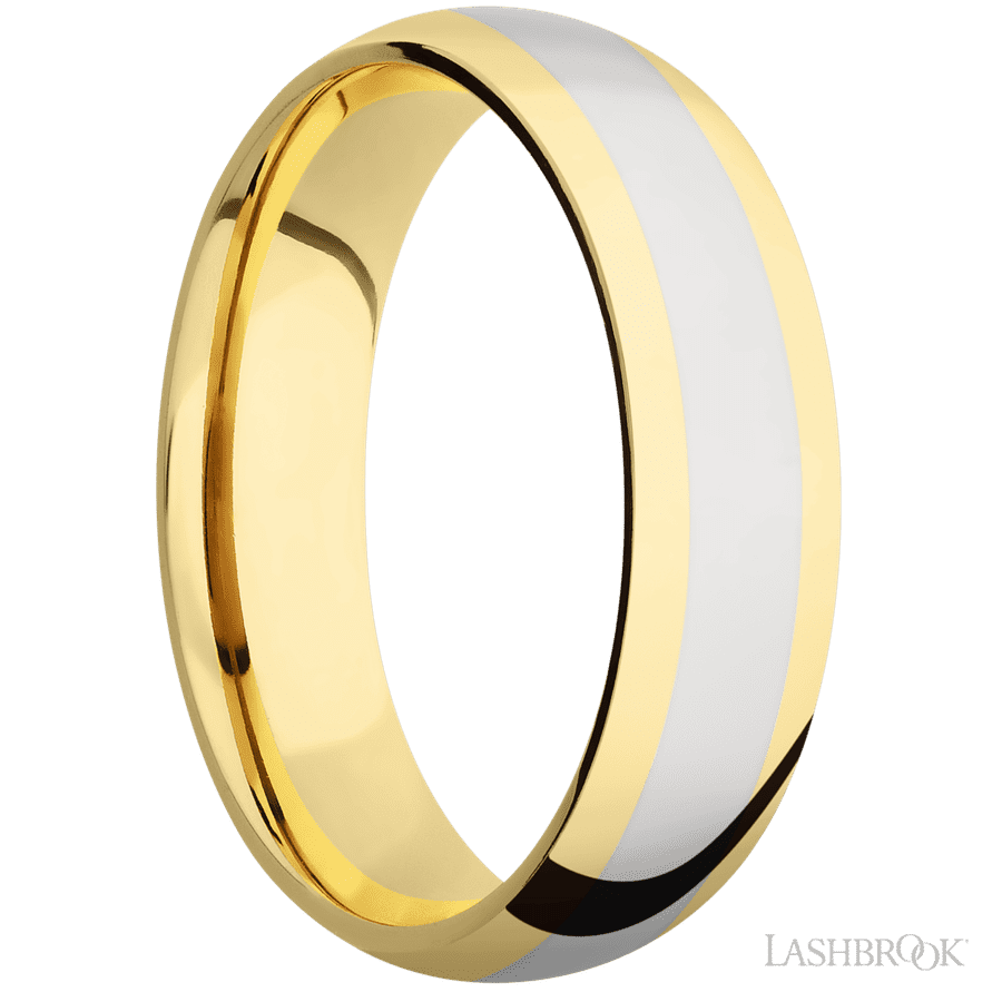 6 mm wide/Domed/14K Yellow Gold band with one 3 mm Centered inlay of 14K White Gold.