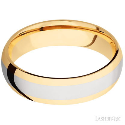6 mm wide/Domed/14K Yellow Gold band with one 3 mm Centered inlay of 14K White Gold.