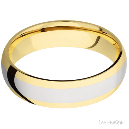 6 mm wide/Domed/14K Yellow Gold band with one 3 mm Centered inlay of 14K White Gold.