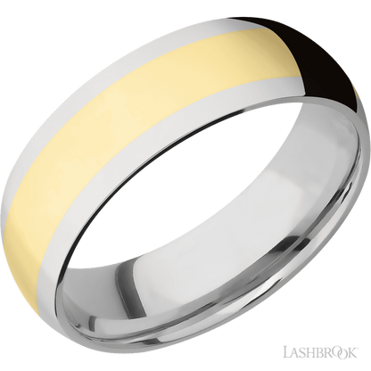 7 mm wide/Domed/14K White Gold band with one 4 mm Centered inlay of 14K Yellow Gold.
