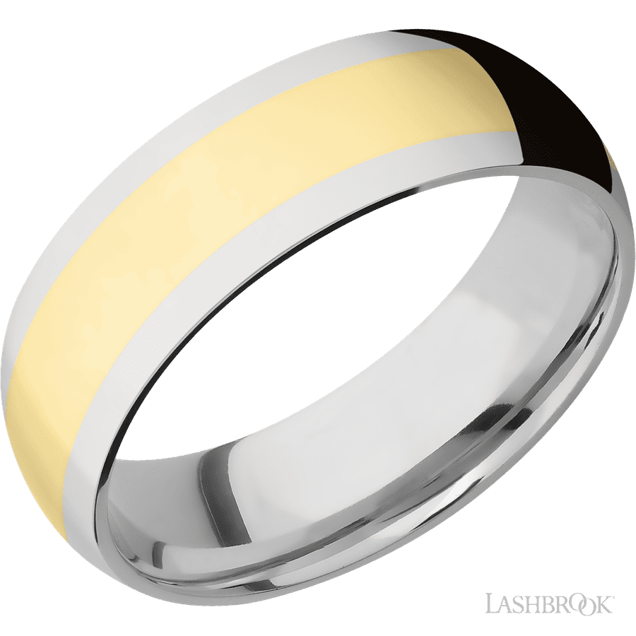 7 mm wide/Domed/14K White Gold band with one 4 mm Centered inlay of 14K Yellow Gold.