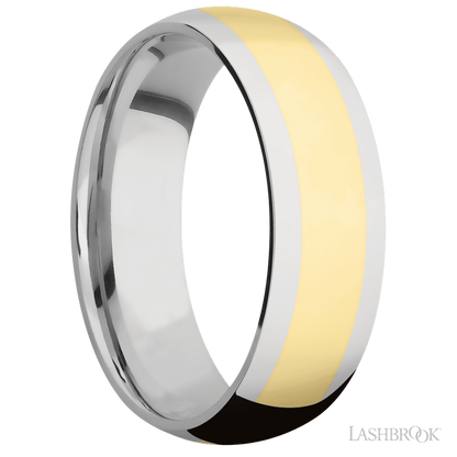 7 mm wide/Domed/14K White Gold band with one 4 mm Centered inlay of 14K Yellow Gold.