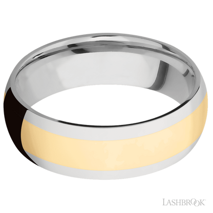 7 mm wide/Domed/14K White Gold band with one 4 mm Centered inlay of 14K Yellow Gold.