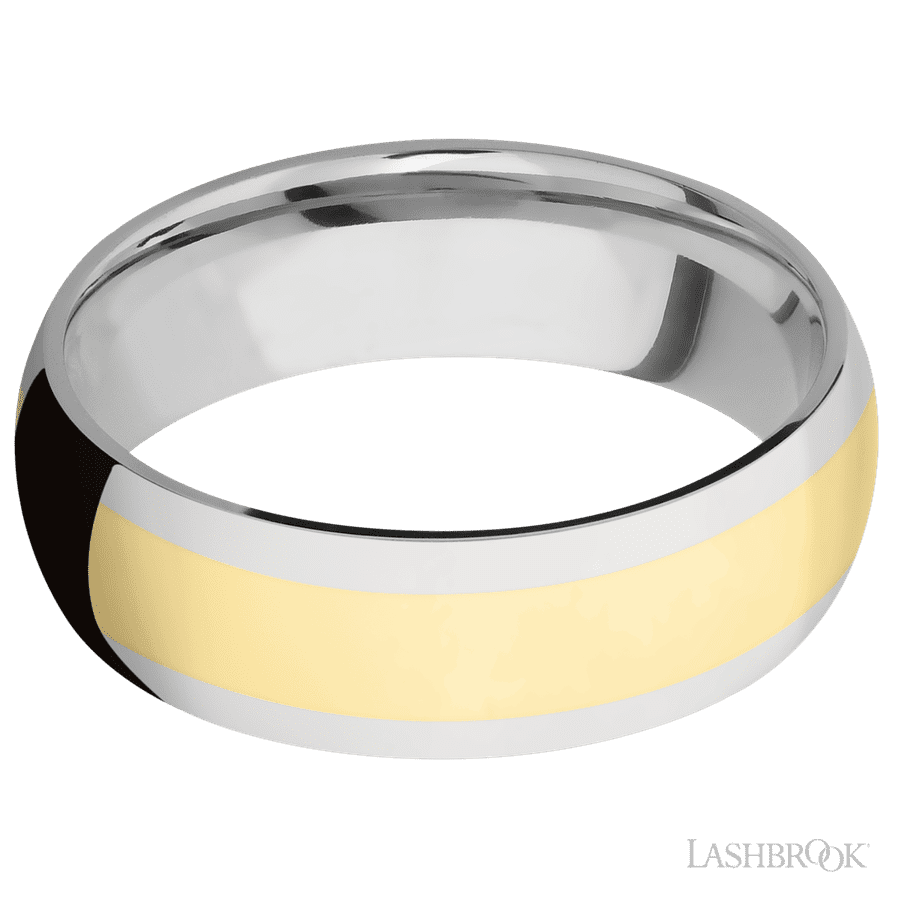 7 mm wide/Domed/14K White Gold band with one 4 mm Centered inlay of 14K Yellow Gold.