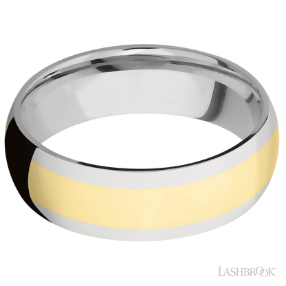 7 mm wide/Domed/14K White Gold band with one 4 mm Centered inlay of 14K Yellow Gold.