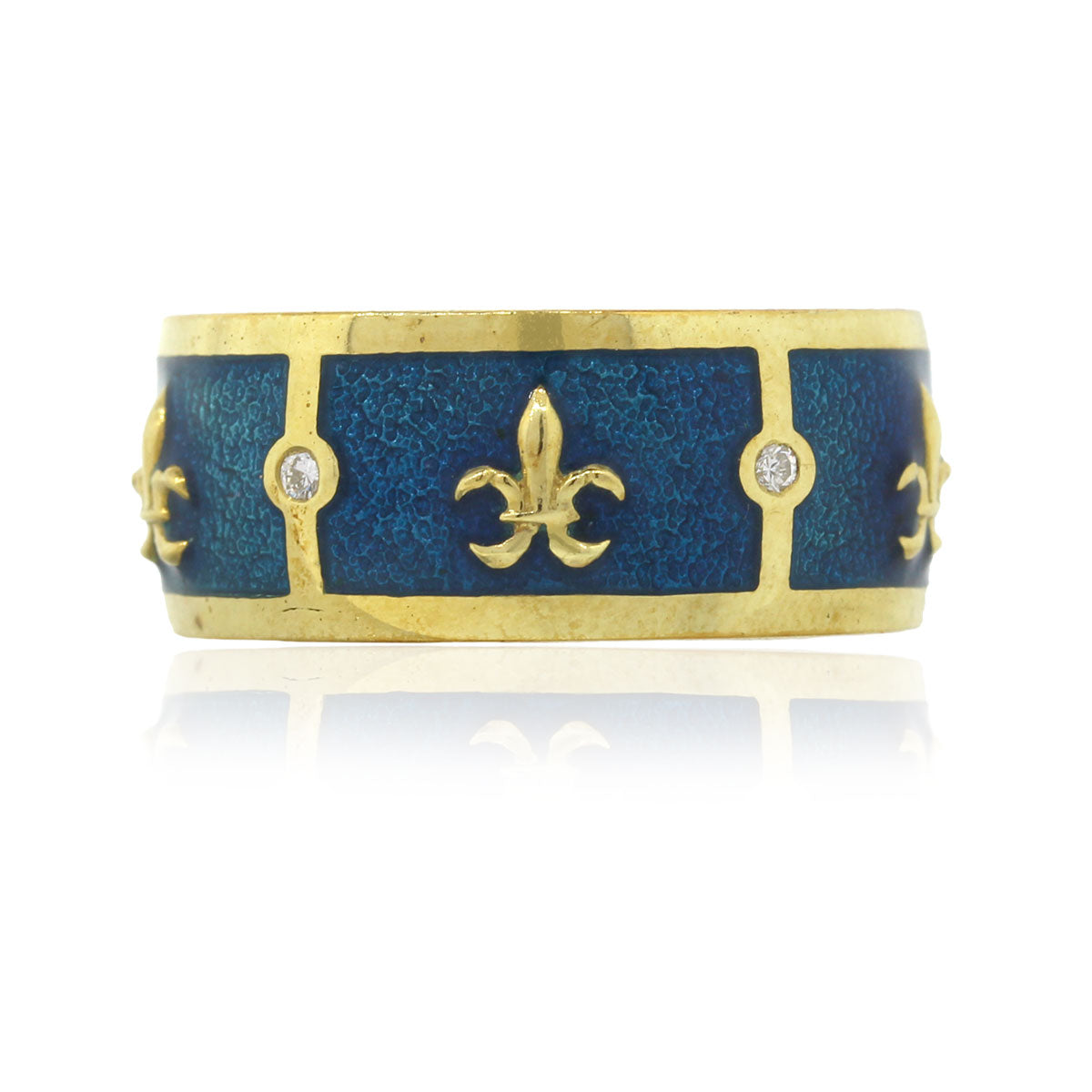 Tesoro 18k Yellow Gold Fleur De Lis Ocean Blue Enamel Band Ring