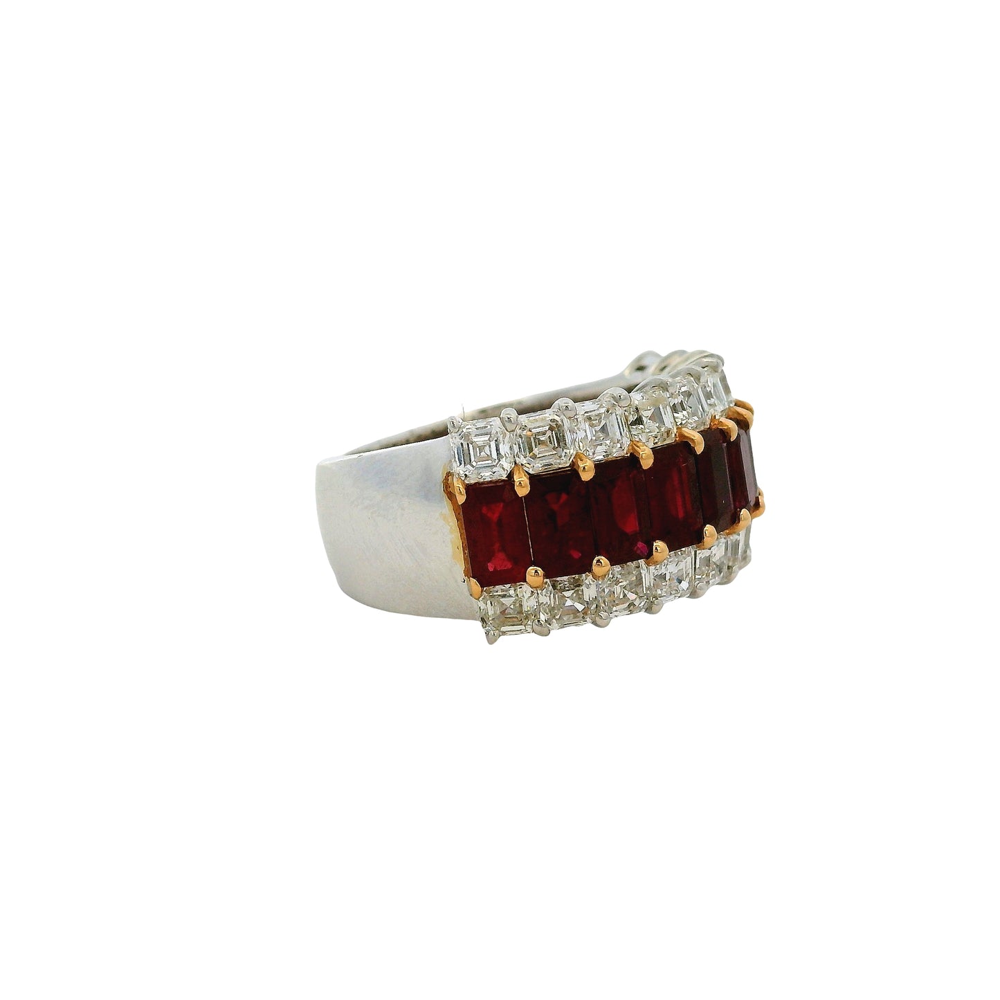 18k White Gold Ruby & Diamond Three Row Wide Ring
