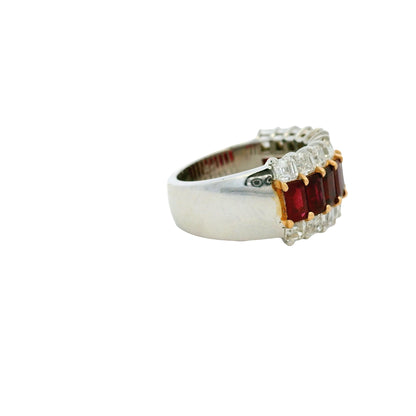 18k White Gold Ruby & Diamond Three Row Wide Ring