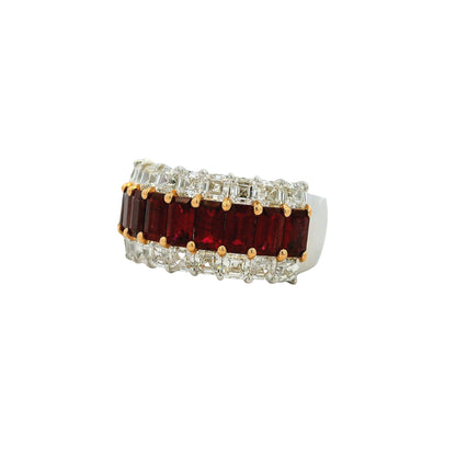 18k White Gold Ruby & Diamond Three Row Wide Ring