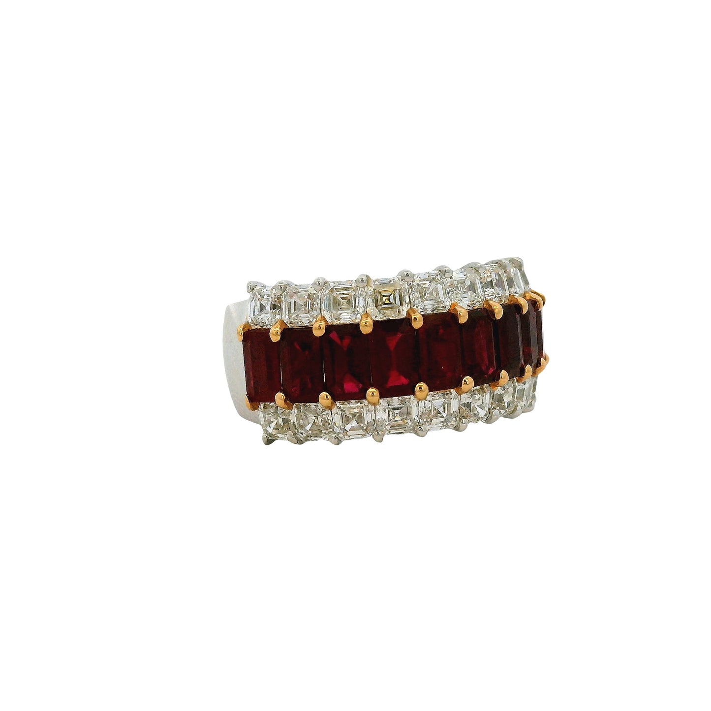 18k White Gold Ruby & Diamond Three Row Wide Ring