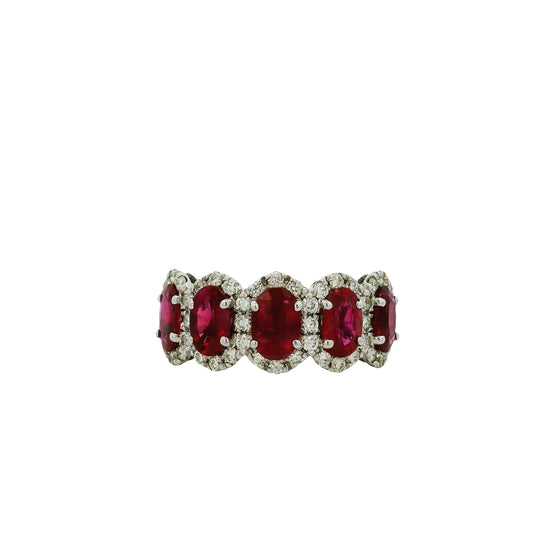 18k White Gold Oval Ruby With Diamond Halo Five Stone Ring