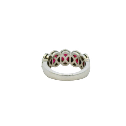 18k White Gold Oval Ruby With Diamond Halo Five Stone Ring