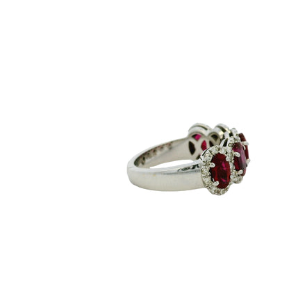 18k White Gold Oval Ruby With Diamond Halo Five Stone Ring