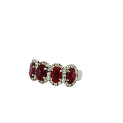 18k White Gold Oval Ruby With Diamond Halo Five Stone Ring