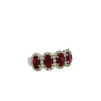 18k White Gold Oval Ruby With Diamond Halo Five Stone Ring